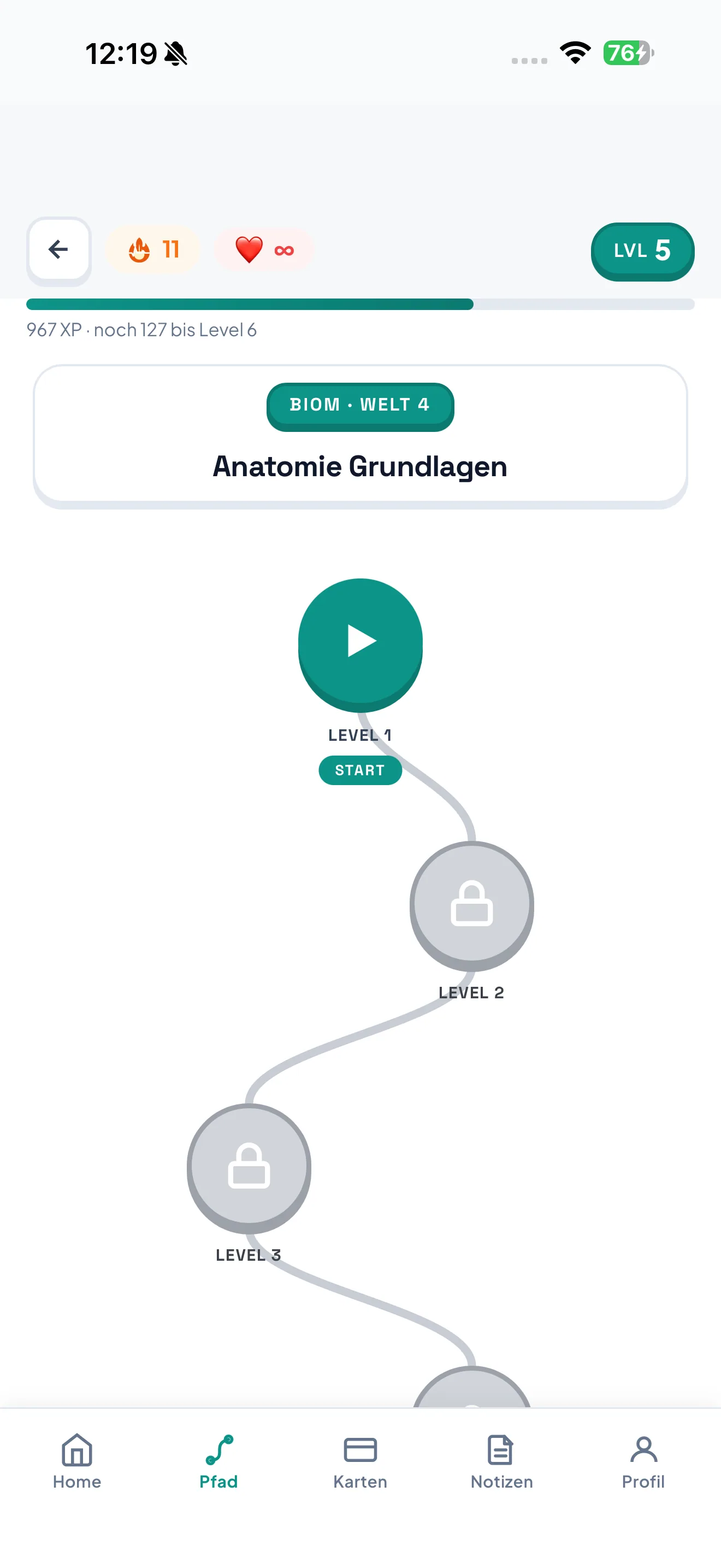 Der Lernpfad in SlayMed: die Welt Anatomie mit verbundenen Levels